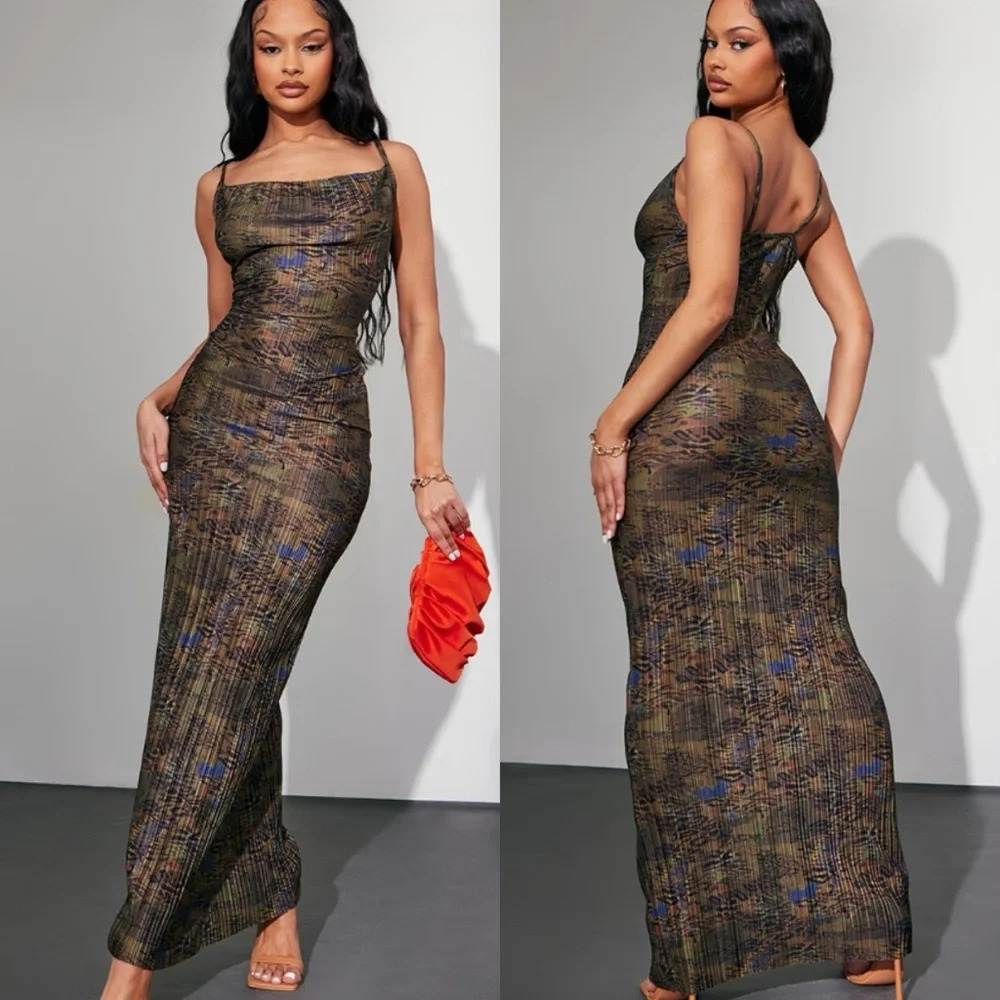 Pretty little thing Multi Leopard Plisse Strappy Maxi Dress 6